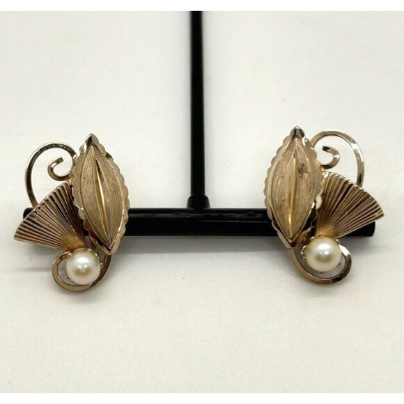 Vintage Loran Sim Faux Pearl Leaf Design Screw Back Earrings 1/20 12k Gold Fille - Picture 2 of 8